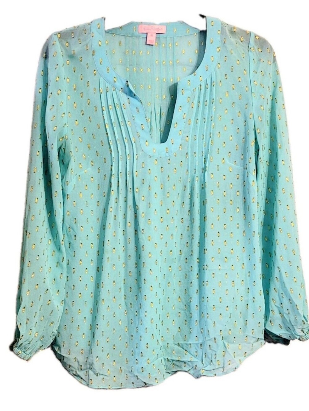 Lilly Pulitzer Colby Sheer Silk Tunic Blouse XS Aqua Blue Gold Metallic Pleated